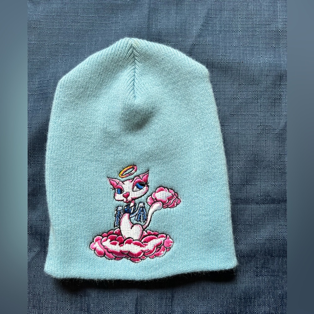Light Blue Beanie with Angel Cat Embroidery